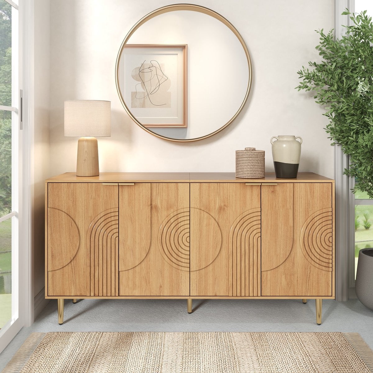 Sweiko Dressoir Halmeubel met Houtnerf en Reliëfdesign in Natuurlijk met Verstelbare Planken