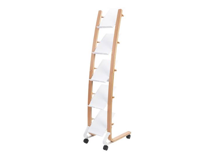 Présentoir Expo Slim mobile sur roulettes pour documents - 5 compartiments A4 - Bois FSC & ABS blanc