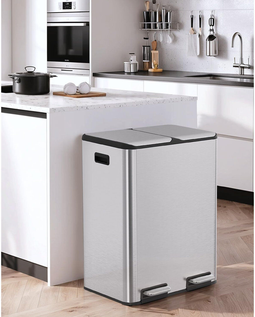 LIFERUN Stainless Steel Step On Multi-Compartment Rubbish & Recycling Bin Silver 60L