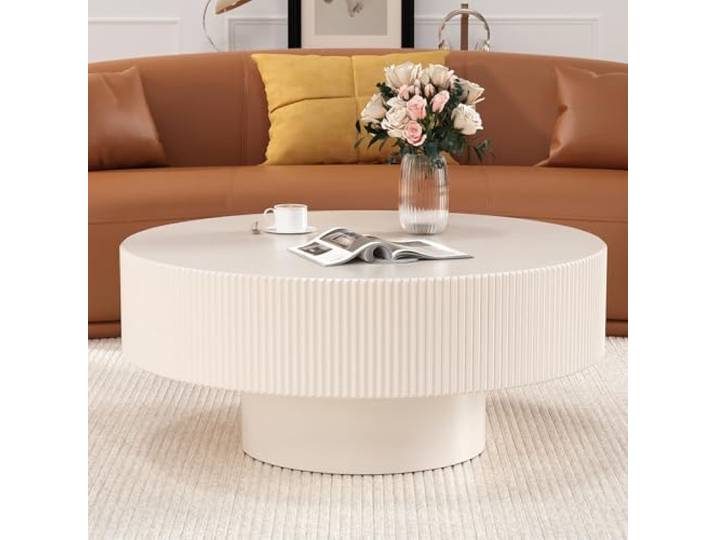 RZTPYS Runder Trommel-Couchtisch, Moderner Holz-Couchtisch Mi, Weiß 78,5 cm Rillendesign, Stabiler Sockel, Furniertes Handgearbeitetes Relief, Wohnzimmertisch Für Kleine Räume, Büro Und Wohnung
