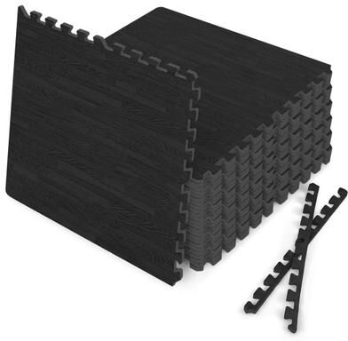 Costway 25 Tiles Wood Grain Foam Floor Mats with Borders-Black