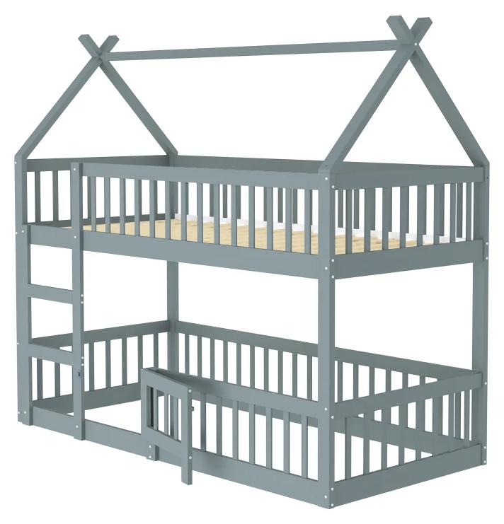 Kinder-Etagenbett - Familienbett - Massivholz - Mit Treppe - Hochbett-Design - 140 x 200 cm - Grau