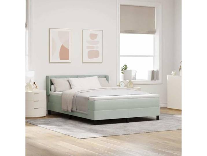 Minimalistisches Boxspringbett mit Polsterstoff Hellgrau 190 x 140 cm Boxspringbett mit Matratze Hellgrau 190x140 cm Polyester Komfort-Schaum Taschenfederkern Verstellbares Kopfteil Kiefernholz