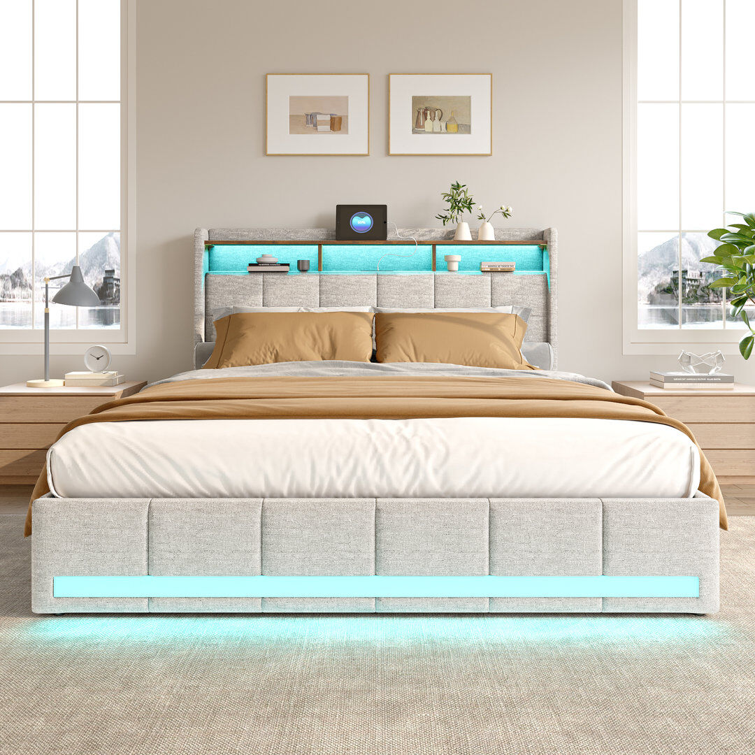 Ivy Bronx Rishi Upholstered Storage Bed with Drawers Beige European Double (140 x 200 cm)