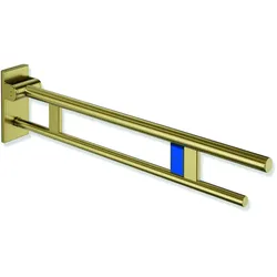 HEWI System 900 - Mobiler Stützklappgriff Duo, Design A, Edelstahl PVD gold gebürstet, Ausladung 850 mm, Funk-Spülauslösung, links, für WC-Spülsysteme von Geberit, Mepa, Viega, Sanit, Friatec, TECE und Grohe