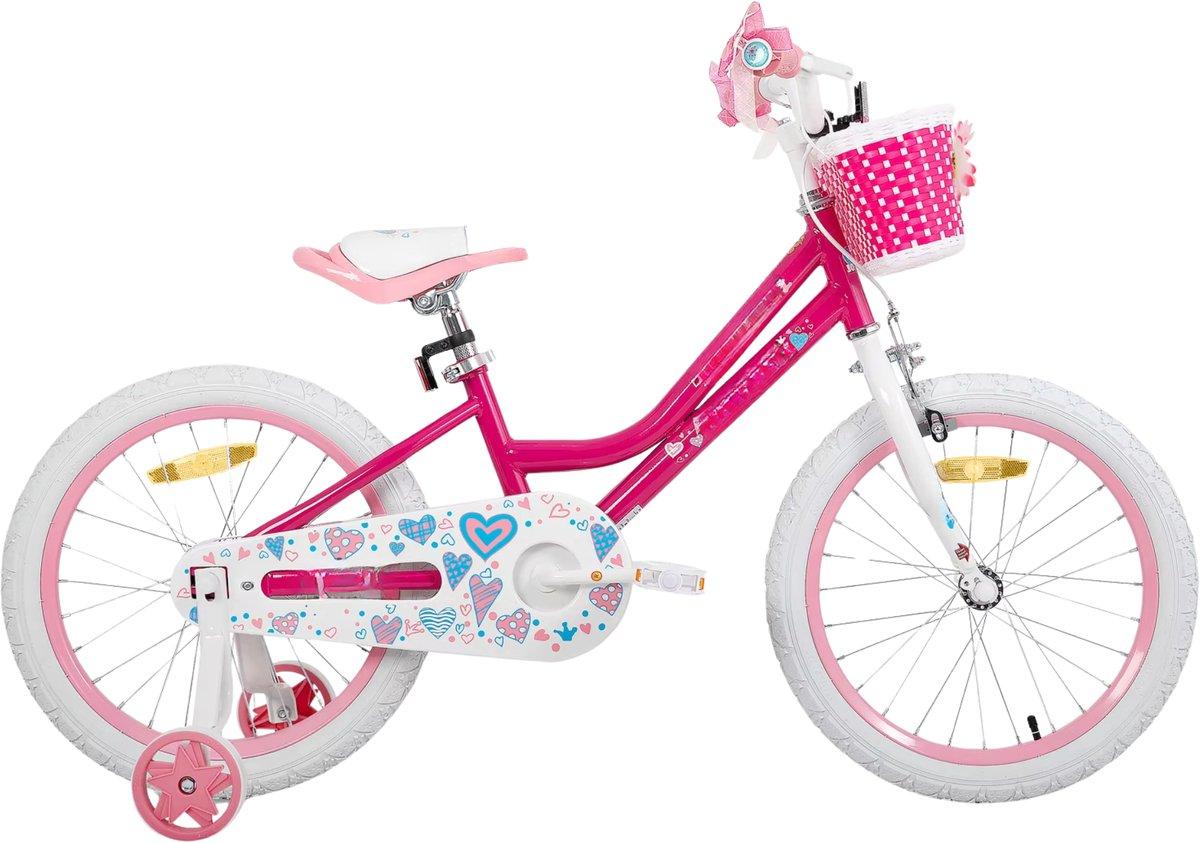 Kinderfahrrad Mädchen 18 Zoll (45 cm) - Mit Stützrädern, Korb, Handbremse & Ständer - Rosa