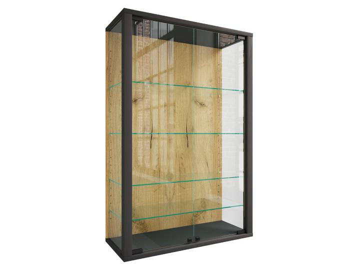 Livetastic Hängevitrine, Honigeiche, Schwarz, Klar, Glas, 4 Fächer, 59x91x25 cm, hängend, Wohnzimmer, Wohnwände, Vitrinenschränke