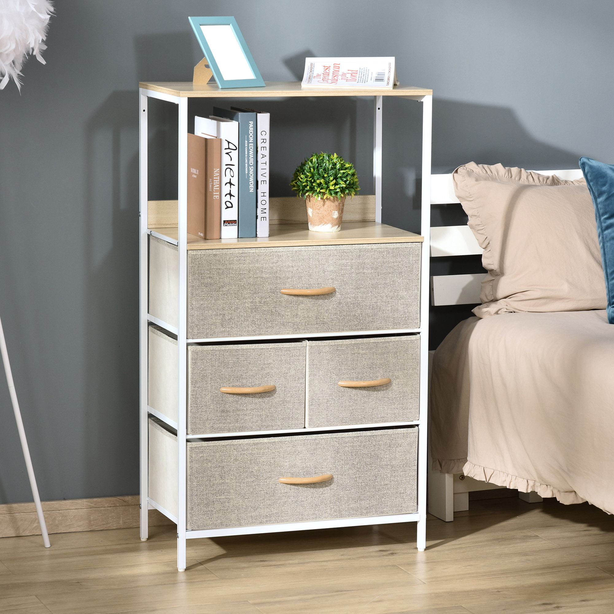 Homcom Cassettiera Mobile da Rangement Abbigliamento 4 Cassetti Estraibili 1 Ripiano 58 x 29 x 103 cm Grigio Bianco