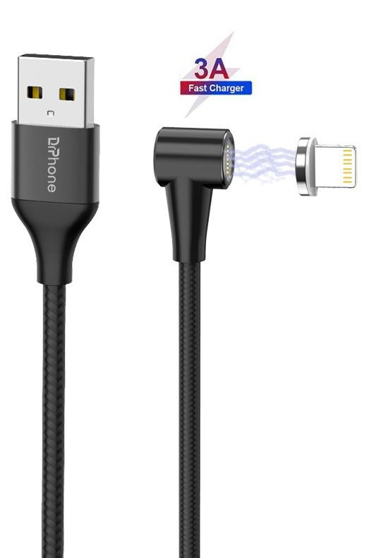DrPhone Pro Series Magnetische Kabel 2M – Compatibel met Lightning – 3A – 90° LED – Nylon Gevlochten – Zwart