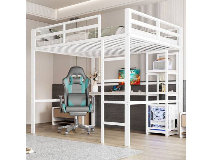 Lit mezzanine double - ZEVKOR - 140x200 - Bureau intégré - Étagères intégrées - Métal blanc