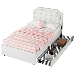 OKWISH Polsterbett 90x200 mit Stauraum, Bettgestell mit zwei Schubladen, verstellbarer Nachttisch, gepolstertes Einzelbett mit Leinenbezug Hellbeige