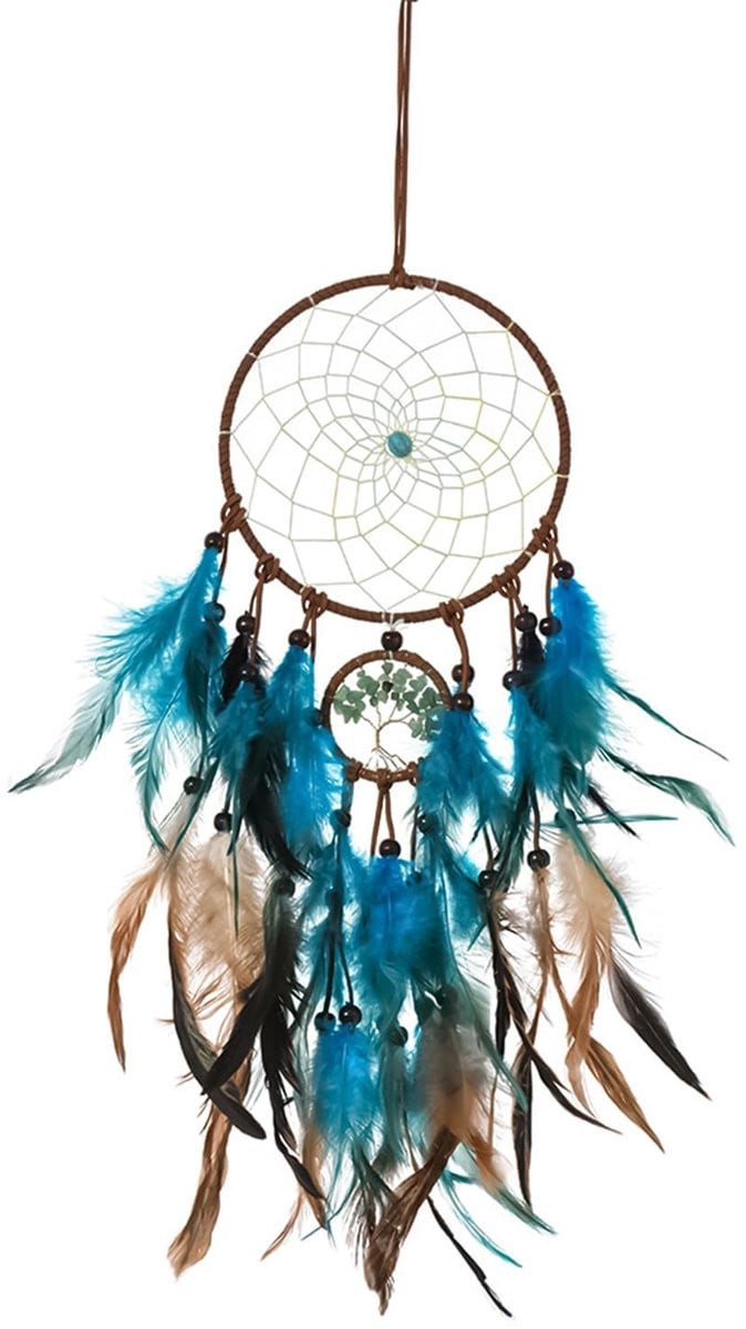 Dailygoods Dromenvanger - Vintage handgemaakte dromenvanger met veren - Blauw turquoise