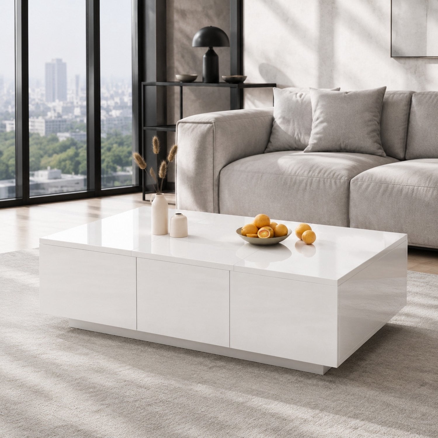 CHICFURN Salontafel met dubbele lades en push-pull opbergruimte - Wit hoogglans
