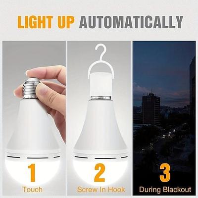 Wiederaufladbare Notfall-LED-Glühbirne mit Hakenstrebe, leuchtet bei Stromausfall auf. E27-LED-Glühbirnen für Zuhause, Camping, Wandern