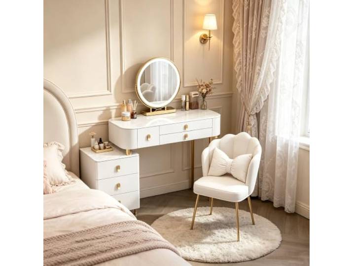 Locuetyn Kunstleder Schminktisch Set mit 3-Farben LED Beleuchtetem Spiegel & Muschelstuhl, Frisiertisch mit Ausziehbarem 3-Schubladen Schrank