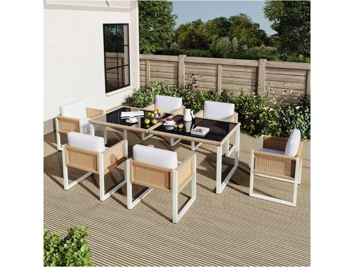 WOVREO Ensemble table et chaises de jardin 6 personnes résine tressée marron et blanc verre trempé