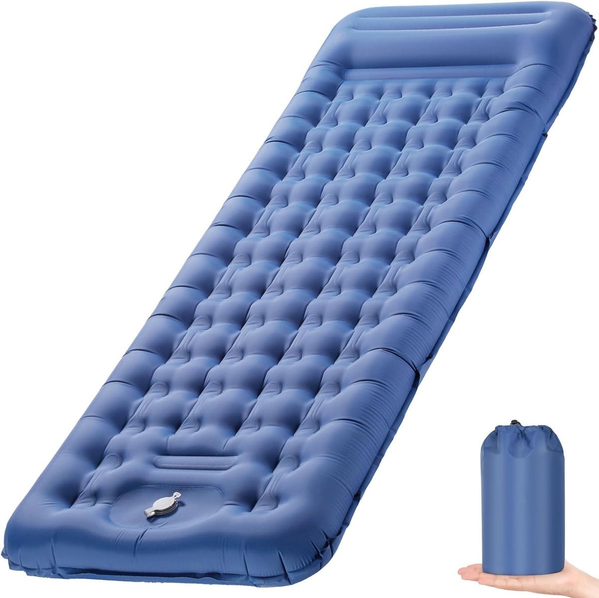 Zelfopblazende slaapmat met voetperspomp en kussen, blauw, 195 x 65 x 12 cm