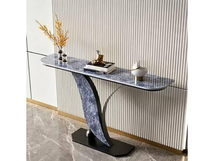 Moderner Konsolentisch mit Sintersteinplatte, schmaler Eingangstisch Sinterstein-Oberfläche, Stabiles Metallgestell, Schmale Bauweise, Flur & Wohnzimmer(Black+Blue,59 (150cm))