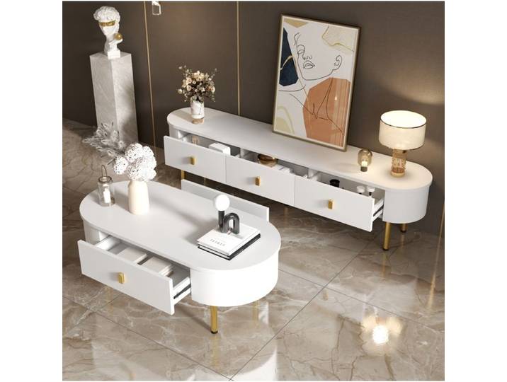MEULVA Ensemble salon avec meuble TV et table basse en MDF blanc doré avec 4 tiroirs et bords arrondis
