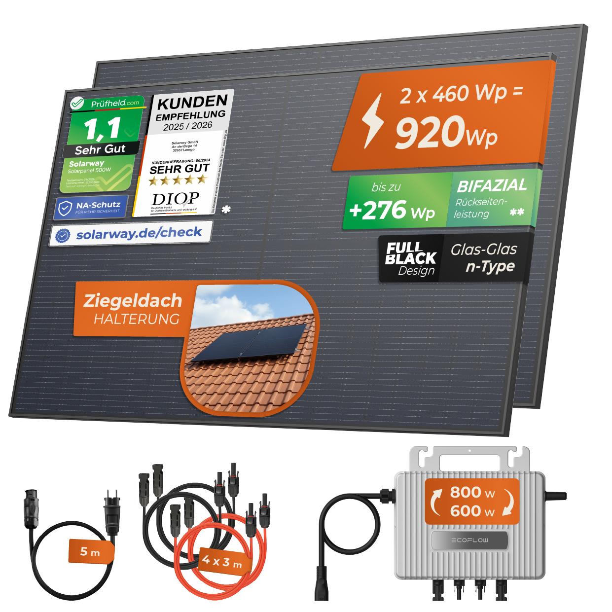 Solarway 920Wp / 800W Balkonkraftwerk komplett Steckdose - neuester EcoFlow Stream 800 Watt Wechselrichter