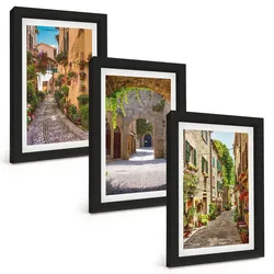 BILDER SET 3er Set - 20x30 cm Schwarzer Rahmen - Italienische Straßen, Blumen, Architektur