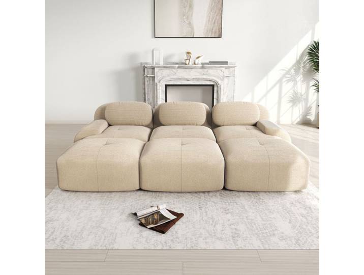 Luscriate - Canapé modulable 3 places 298 cm avec trois poufs en velours côtelé - accoudoirs extra-larges - beige