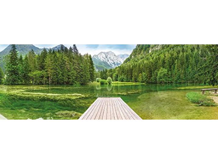 Komar Fototapete GREEN LAKE 368 x 127 cm Tapete, Wand Dekoration, See, Steg, Landschaft, Wald, Berg, Urlaub 4-538