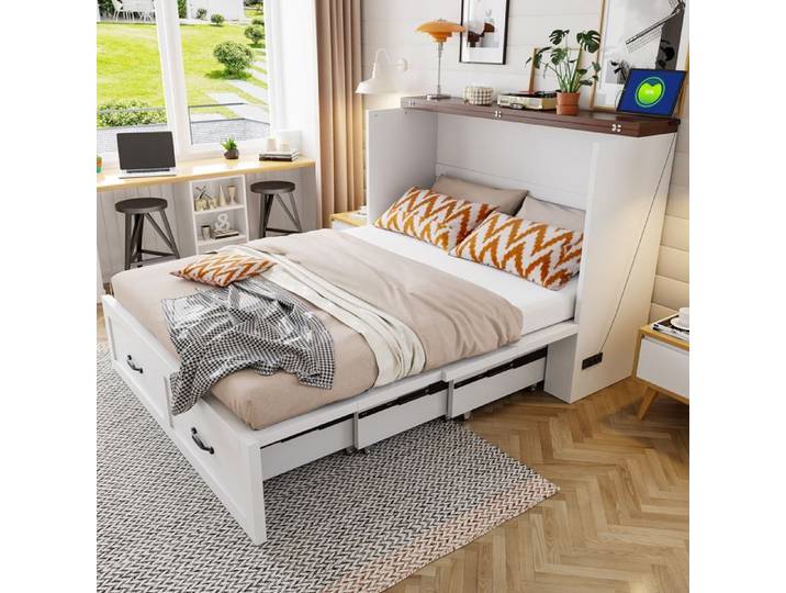 Lit escamotable 140x200 cm - Cadre extensible peu encombrant - Format 140x200 cm - Prise de courant européenne intégrée