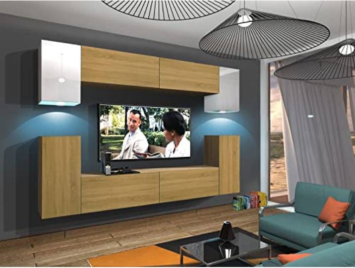 Furnitech Wohnwand Wohnzimmer Wohnzimmer Möbel mit LED Weiß Hängend Wohnwand Modern Wohnzimmer Schrankwand mit Regale und TV Schrank (Rodos AN43-17WD-HGM54 1A)