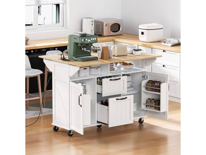 Desserte ilôt de Cuisine avec roulettes-Buffet Cuisine de Rangement avec Plateau de Table Pliable-Chariot de Repas-Mobile-Blanc