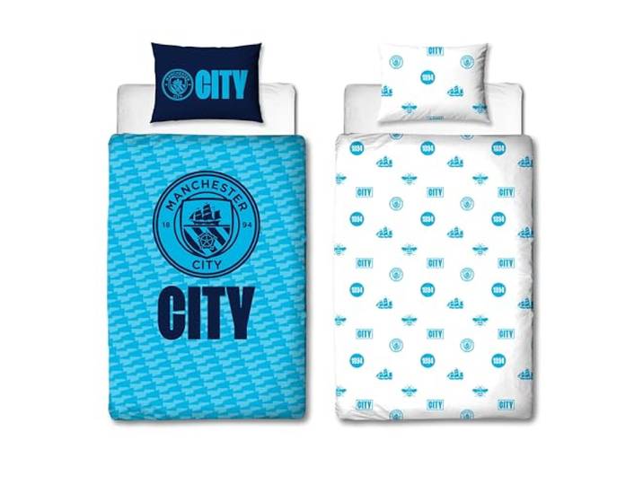 Manchester City FC officiële eenpersoons dekbedovertrekset, Crestcol Design Blauw omkeerbaar tweezijdig voetbal beddengoed cover officiële koopwaar inclusief bijpassende kussensloop