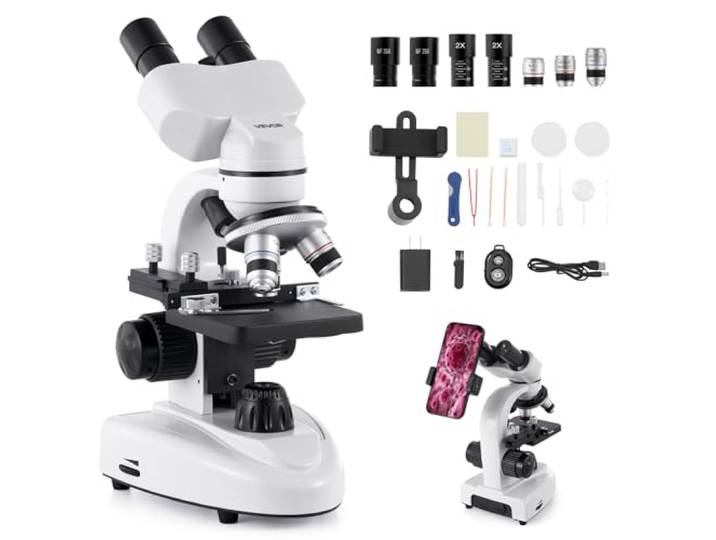 VEVOR Microscope Binoculaire Professionnel\, Kit de Microscope Composé avec Grossissement 40-2000X\, Corps en Alliage d'Aluminium\, Éclairage LED et Support de Téléphone Inclus\, pour Laboratoire\, École