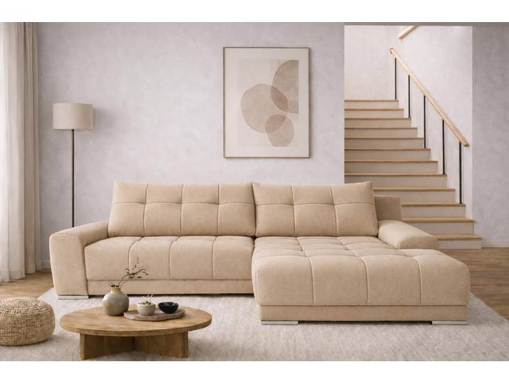 Kaiser Möbel Ecksofa mit schlaffunktion und bettkasten, Eckcouch WAVE stoff SORO Rechts Hellbeige