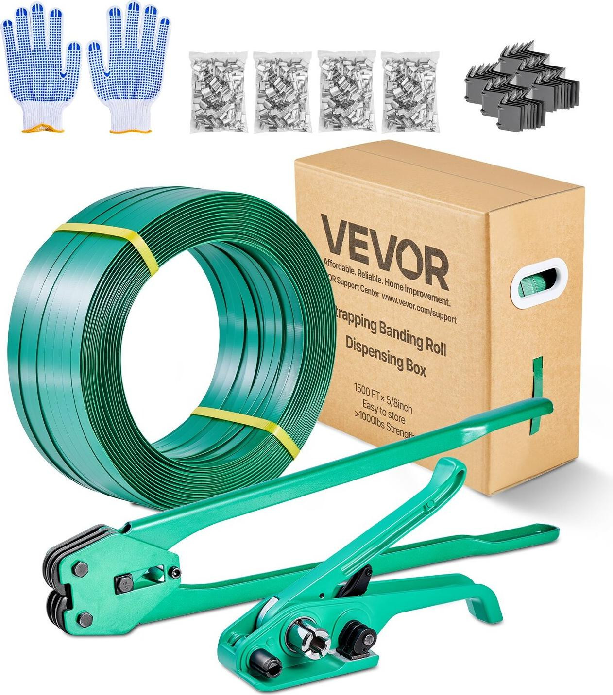 VEVOR Bundelbandset met bundelbandmachine, 457 meter PET-bundelband, 450 metalen afsluitingen, 150 hoekbeschermers en handschoenen voor verpakking en verzending