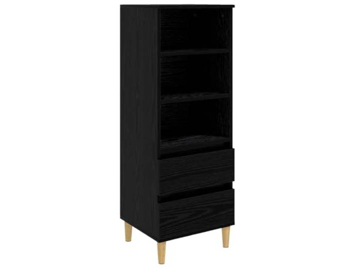 PUGYNBK Hoher Schrank, Eiche, Schwarz, 110 cm, mit Schubladen Konische Beine, drei offene Regale, zwei Schubladen, glatte Oberfläche, feuchtigkeitsbeständig, pflegeleicht