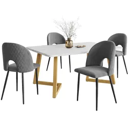 MODFU Essgruppe 117x68x75 cm mit 4 Polsterstühlen, Samt Grau, MDF Esstisch, Metallgestell, Diamantmuster Rückenlehne, verstellbare Stuhlbeine