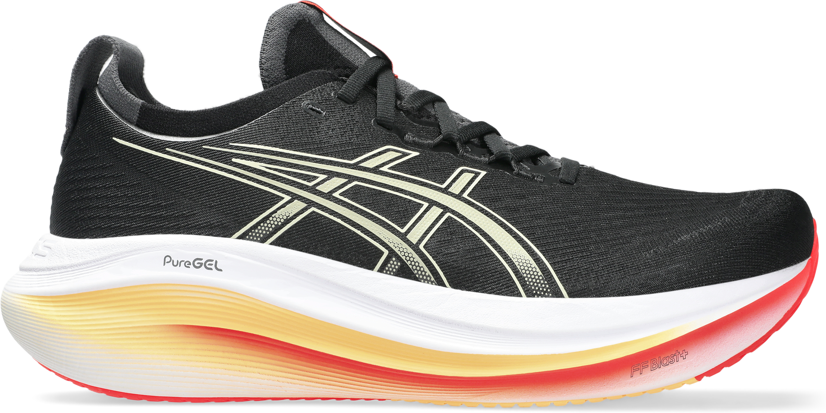Laufschuh ASICS "GEL-NIMBUS 27", Herren, Gr. 47, schwarz (schwarz, khaki), Textil, Schuhe Laufschuh, Kombination aus PureGEL Technologie und FF BLAST PLUS Foam schwarz, khaki 47