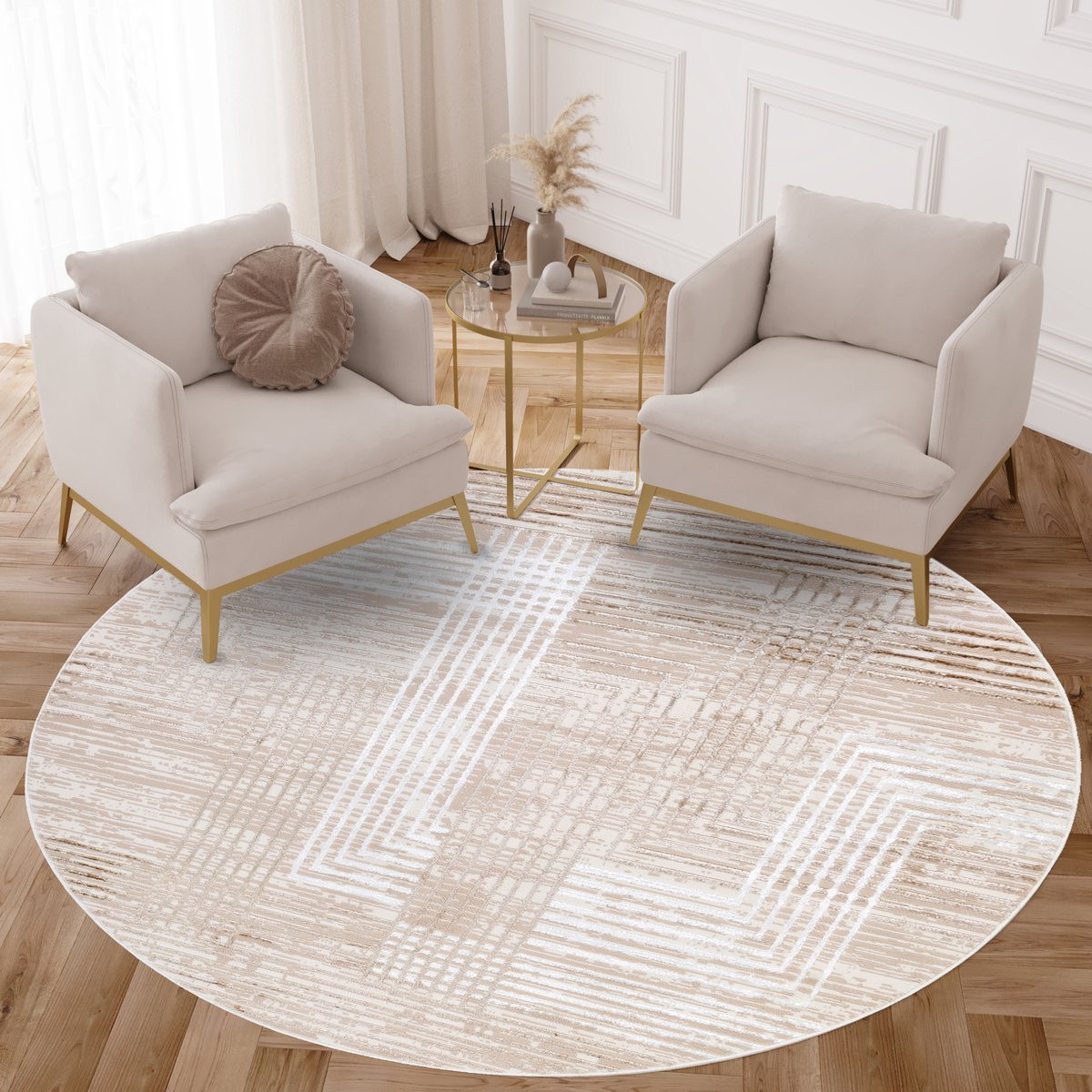 Tapiso Crystal Rond Vloerkleed Beige Wit Lijnen Laagpolig Diameter: 120 cm