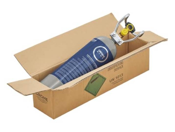 GROHE Blue, 2kg CO2 Flasche für bis zu 350l Sprudelwasser (lebensmittelechtes CO2, universal einsetzbar, integriertes Restdruckventil und Sicherheitstragegriff), 40423000