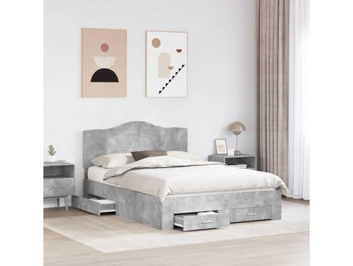 KTHLBRH Bettgestell grau Zement 140 x 200 cm Technisches Holz, mit Kopfteil, 2 Schubladen, Höhe 32 cm, einfache Montage