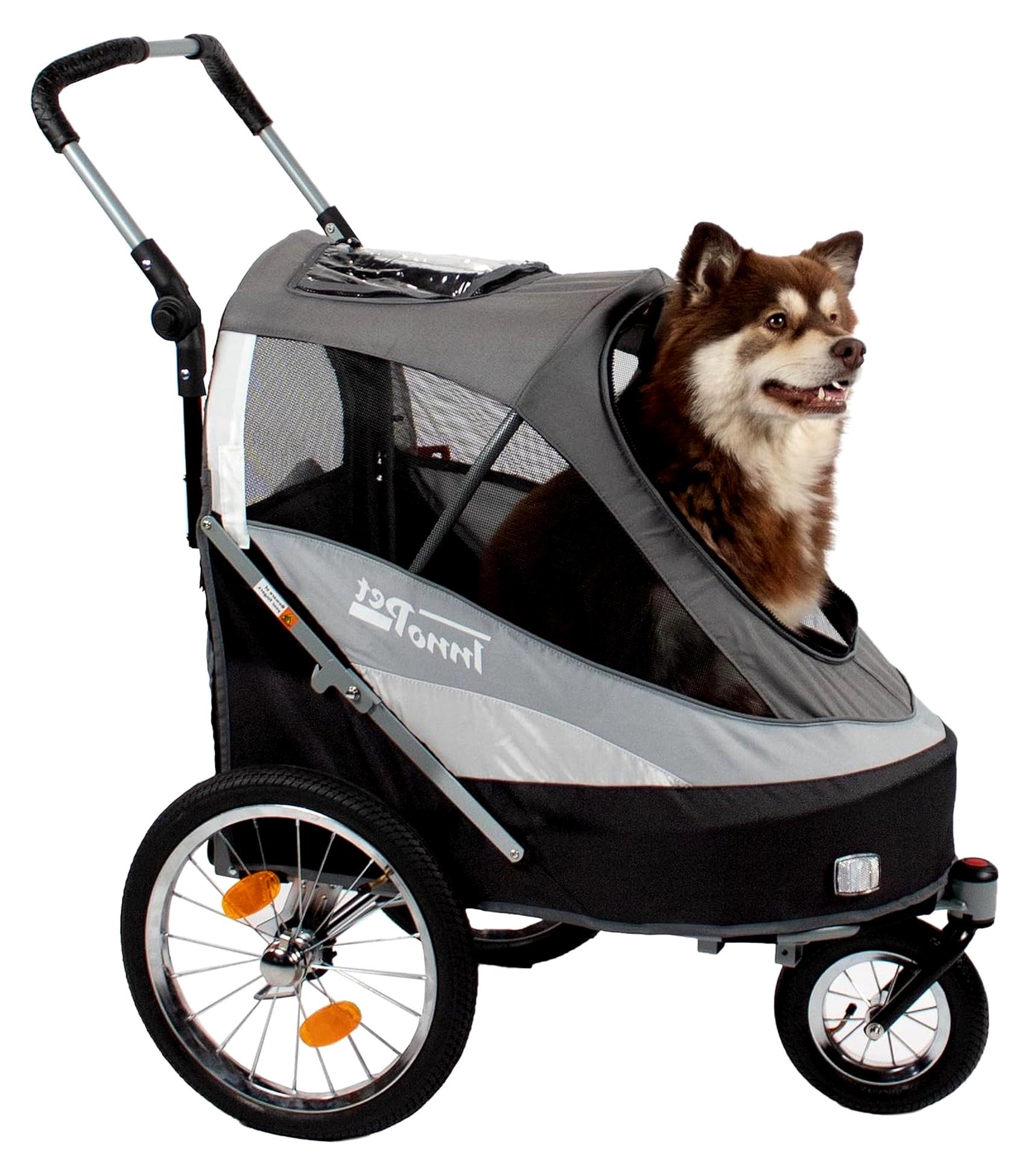 Hundeanhänger Fahrrad & Hundebuggy Sporty Trailer Deluxe - 2 in 1 Fahrradanhänger für Hunde - Schwarz/Silber - mit Regenschutz, Deichsel & Fahrradkit, faltbarer Hundewagen