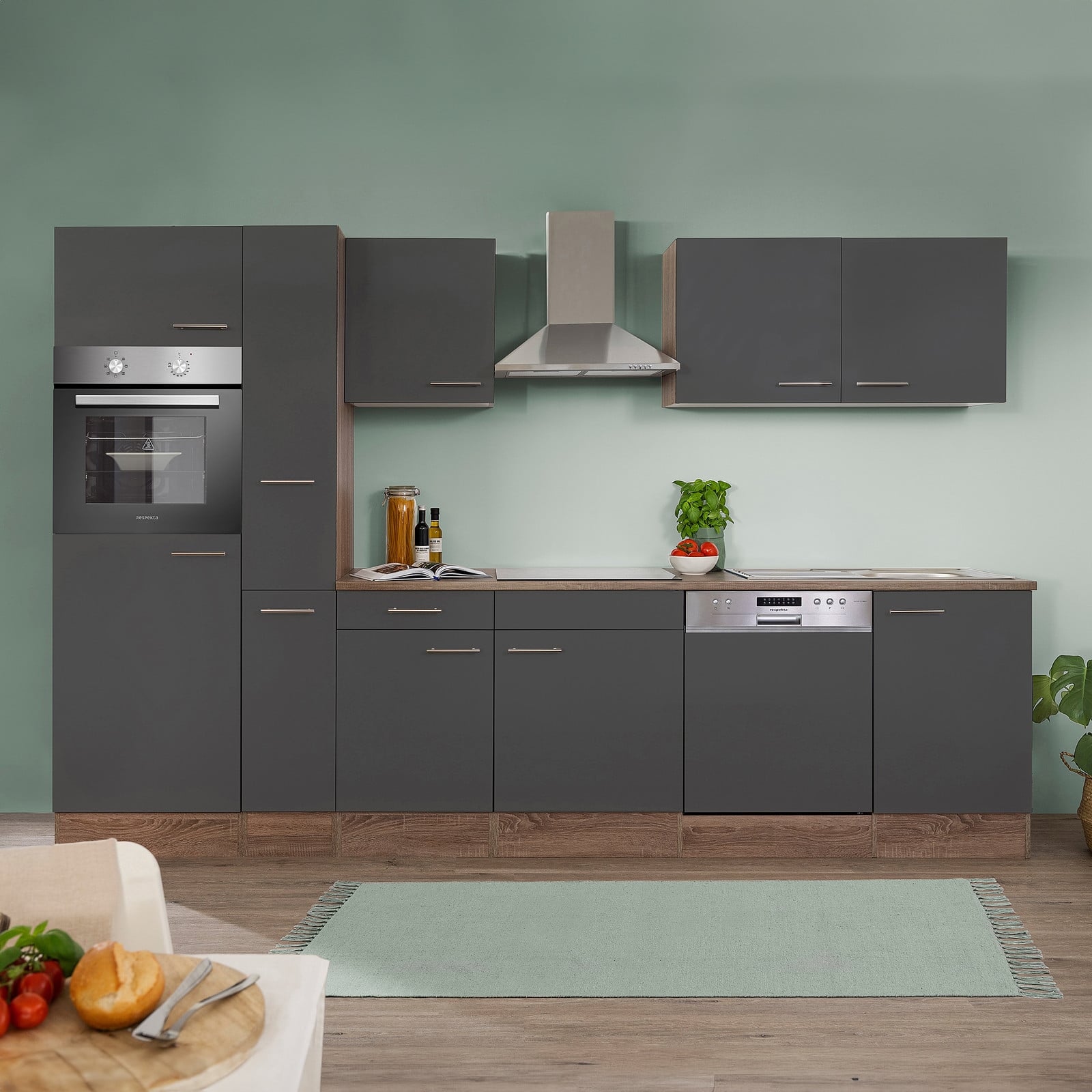 home24 Keukenblok Oliver XI, grijs, 310 cm