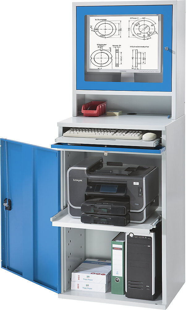 Computer-Arbeitsstation, Stahlblech, HxB 1770 x 650 mm, mit Monitorgehäuse, Türfarbe Lichtblau eurokraft pro