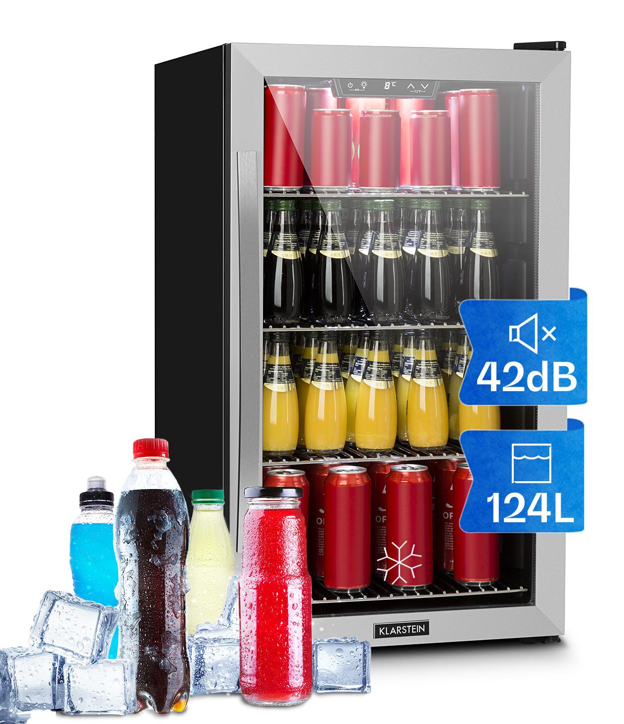 Klarstein Mini Kühlschrank mit Glastür, Mini-Kühlschrank für Zimmer, Getränkekühlschrank Klein mit Verstellbaren Ablagen, Kleiner Kühlschrank 124 Liter, Indoor/Outdoor Kühlschrank Leise