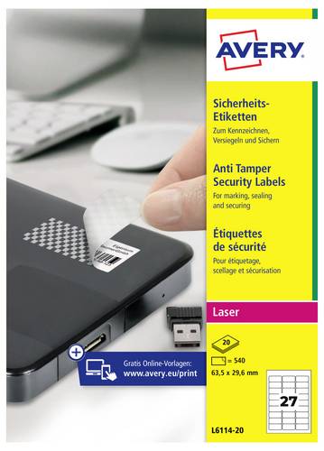 Avery-Zweckform L6114-20 Sicherheits-Etiketten 63.5 x 29.6mm Polyester-Folie Weiß 480 St. Permanent haftend Laserdrucker