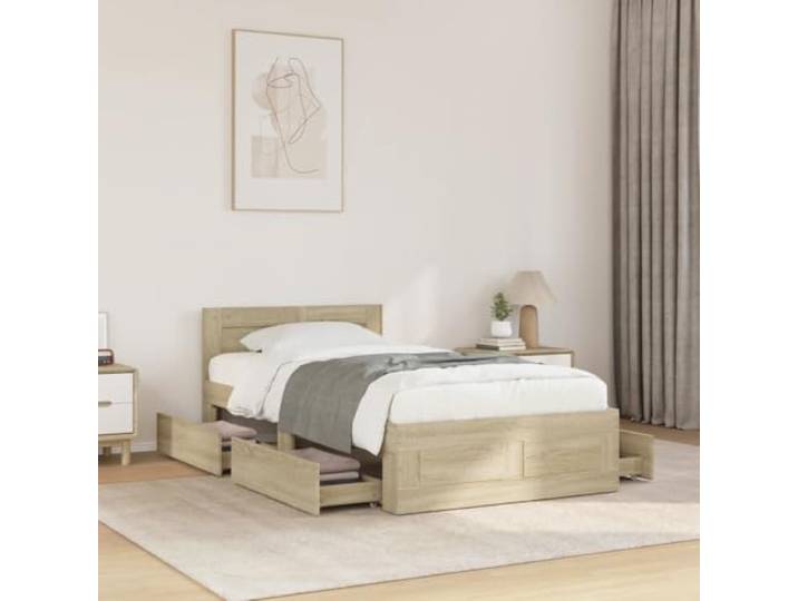 RJPLMFV Bettgestell Sonoma Eiche, 90 x 190 cm, mit Kopfteil Ohne Matratze, langlebiges Holz, Lattenrost, Aufbewahrungsschubladen, Rückenstütze