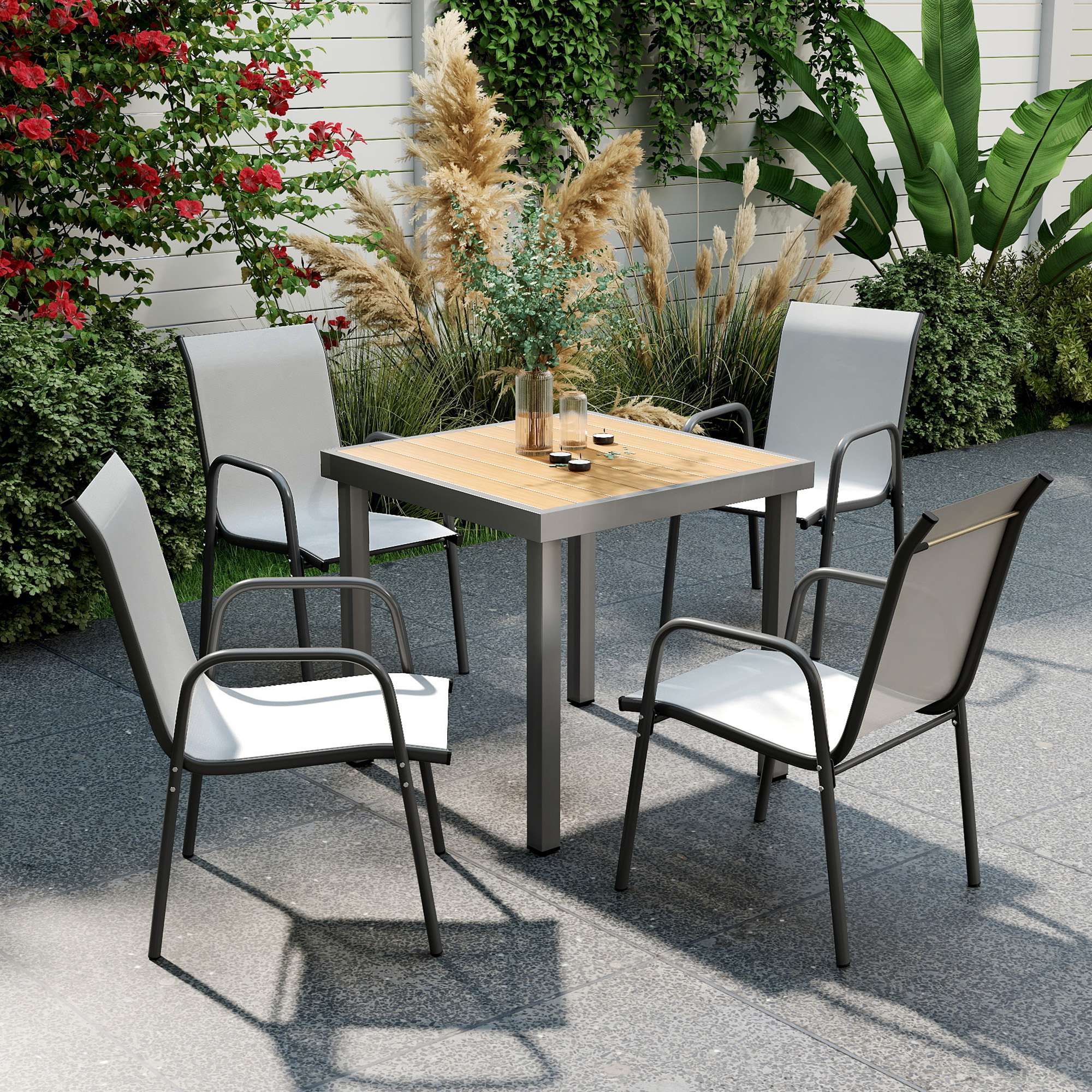 Outsunny Sedie da giardino Set da 4 Sedie impilabili per terrazza con schienale traspirante, braccioli, portata 120 kg   Aosom Italy