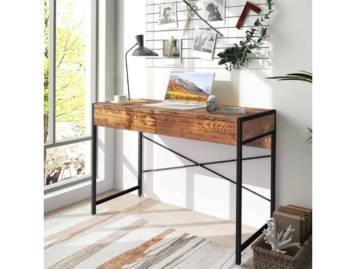 GIANTEX Bureau Informatique avec 2 Tiroirs en Bois Cadre en Fer Pieds Réglables Bureau/Table d'Ordinateur Style Industriel
