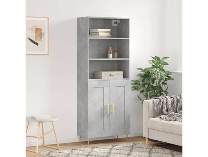 RJPLMFV Anrichte, hoch, 69,5 x 34 x 180 cm, Betongrau, Holz Metallbeine, 2 Türen, geräumiger Stauraum, Wandbefestigung inklusive