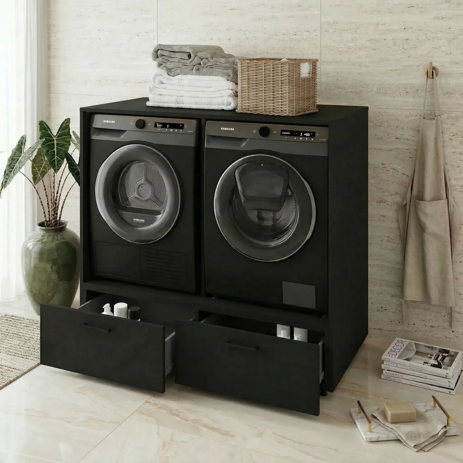 garneroarredamenti Mobile lavatrice e asciugatrice 132x117h cm con cassettone nero Wave